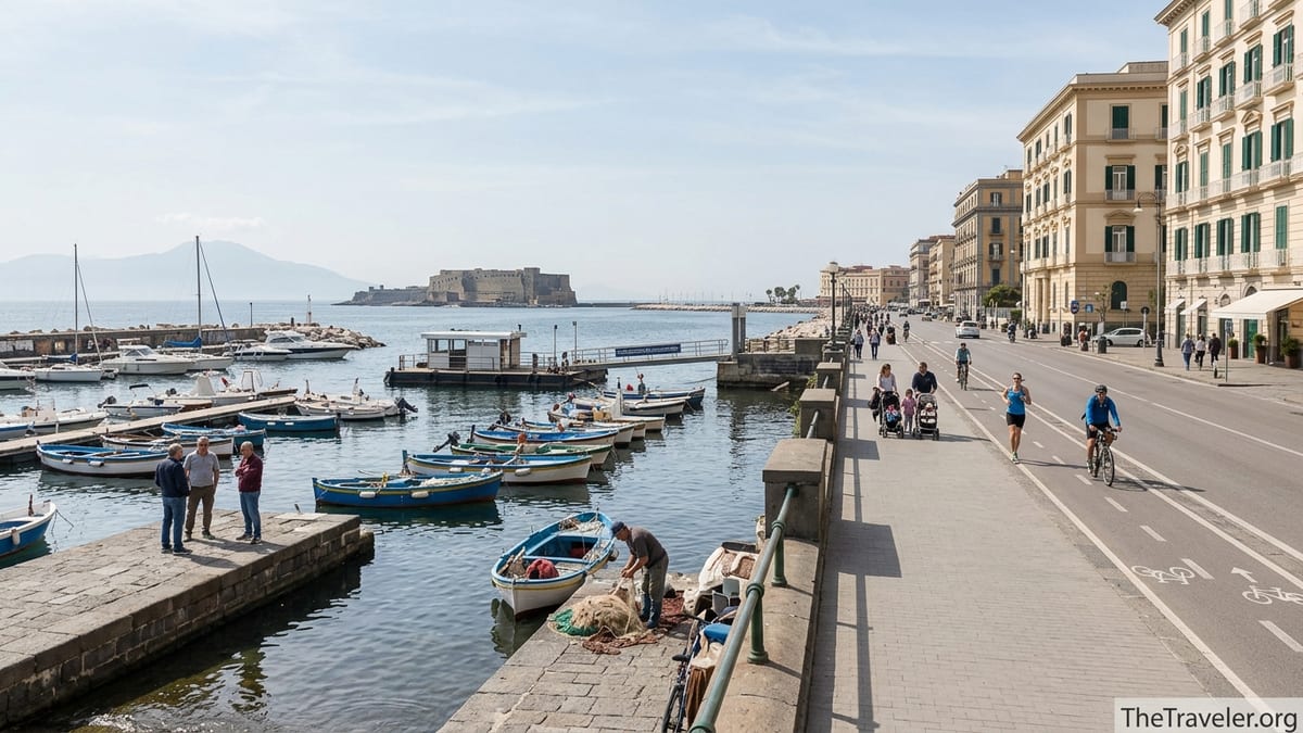 View of Naples seafront showing Mergellina harbor and Lungomare Caracciolo with Vesuvius in the background.