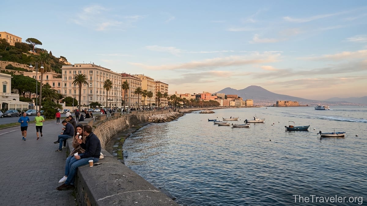 Golden hour view of Naples’ Mergellina waterfront with locals on the promenade and Mount Vesuvius across the bay.