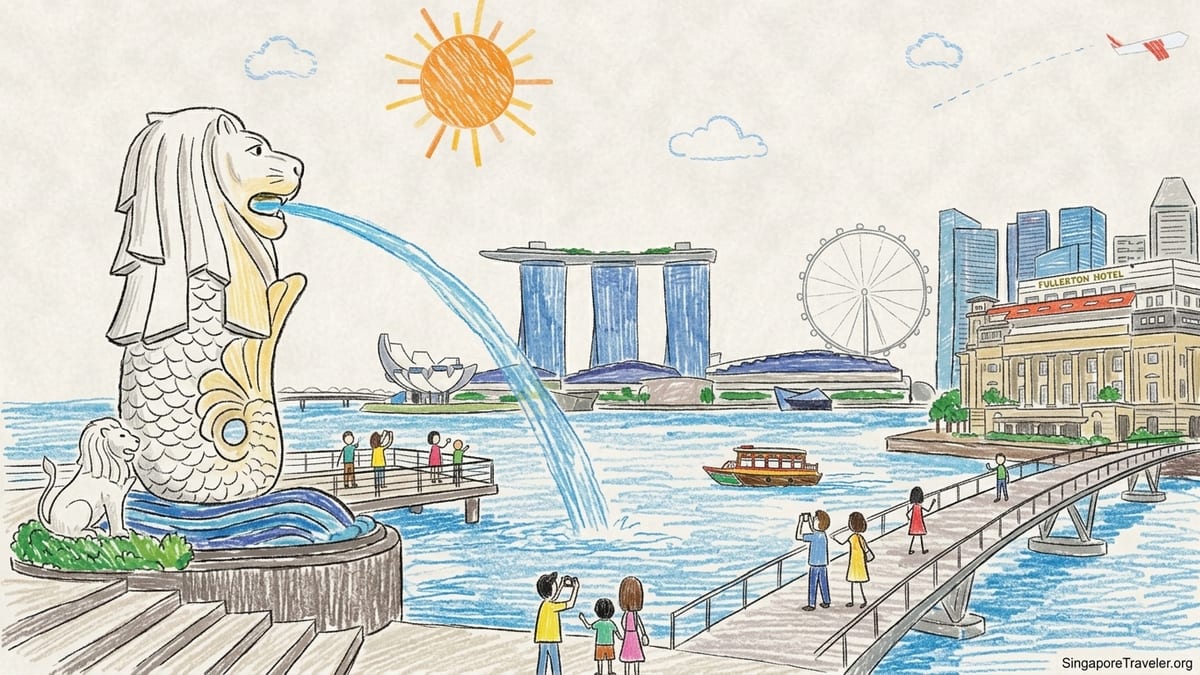 Merlion statue at Marina Bay in Singapore with Marina Bay Sands and evening skyline in the background.