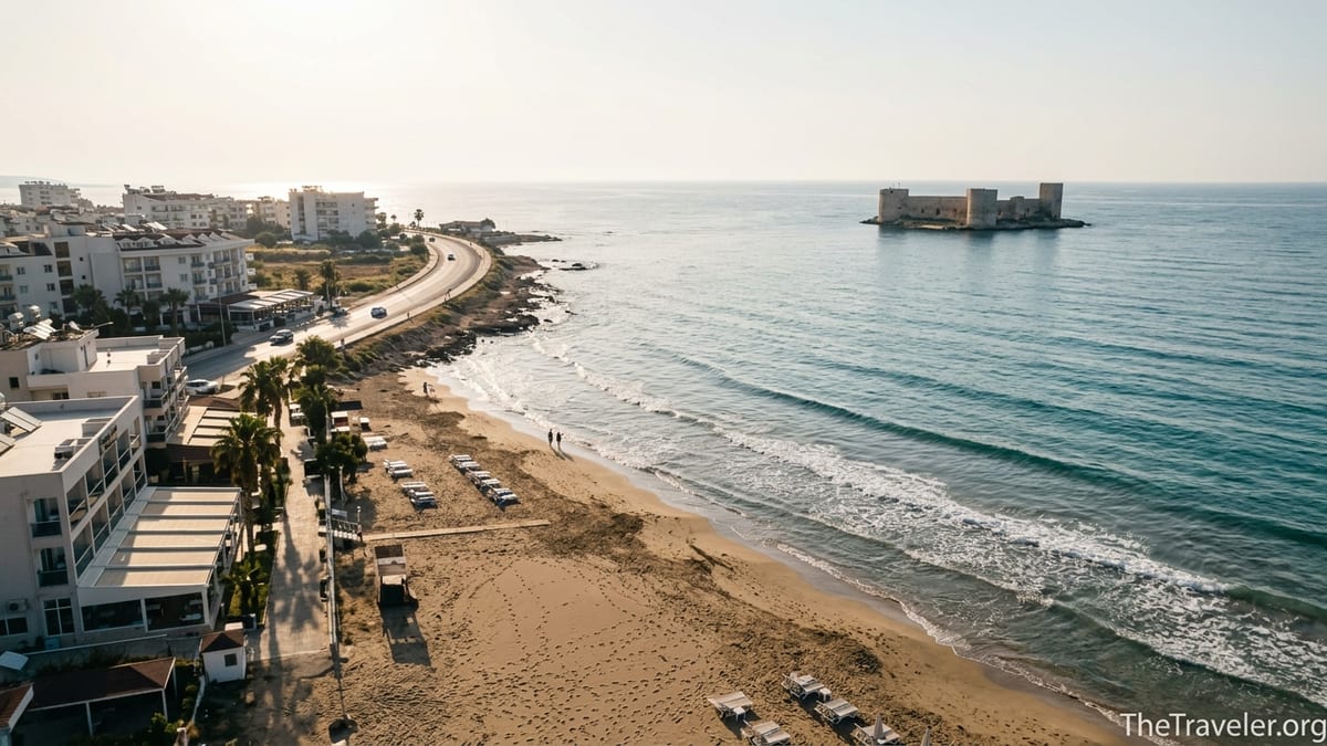 Golden-hour view of Kızkalesi beach in Mersin with offshore castle, coastal road and low-rise hotels.