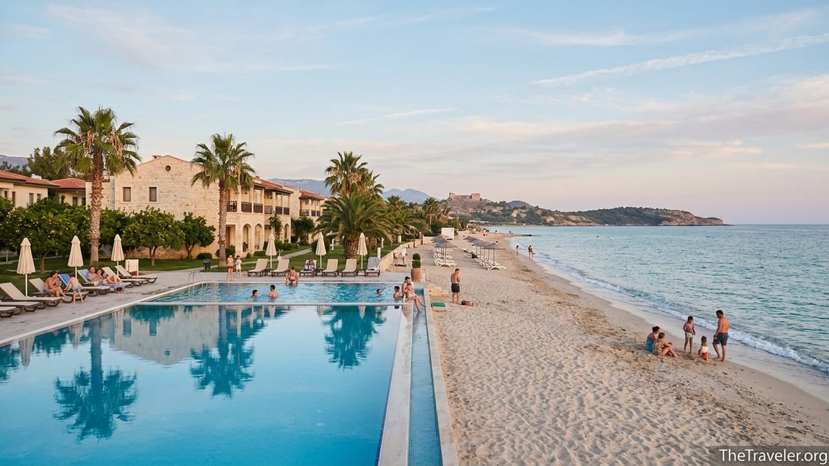 Family-friendly beachfront resort with pool and private sandy beach on Turkey’s Mersin coast at sunset.