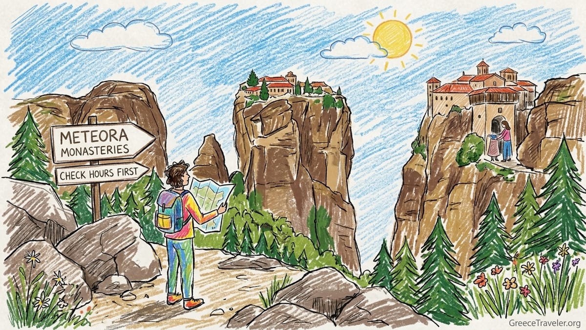 Morning view of Meteora monasteries on tall rock pillars with visitors walking near a roadside parking area.