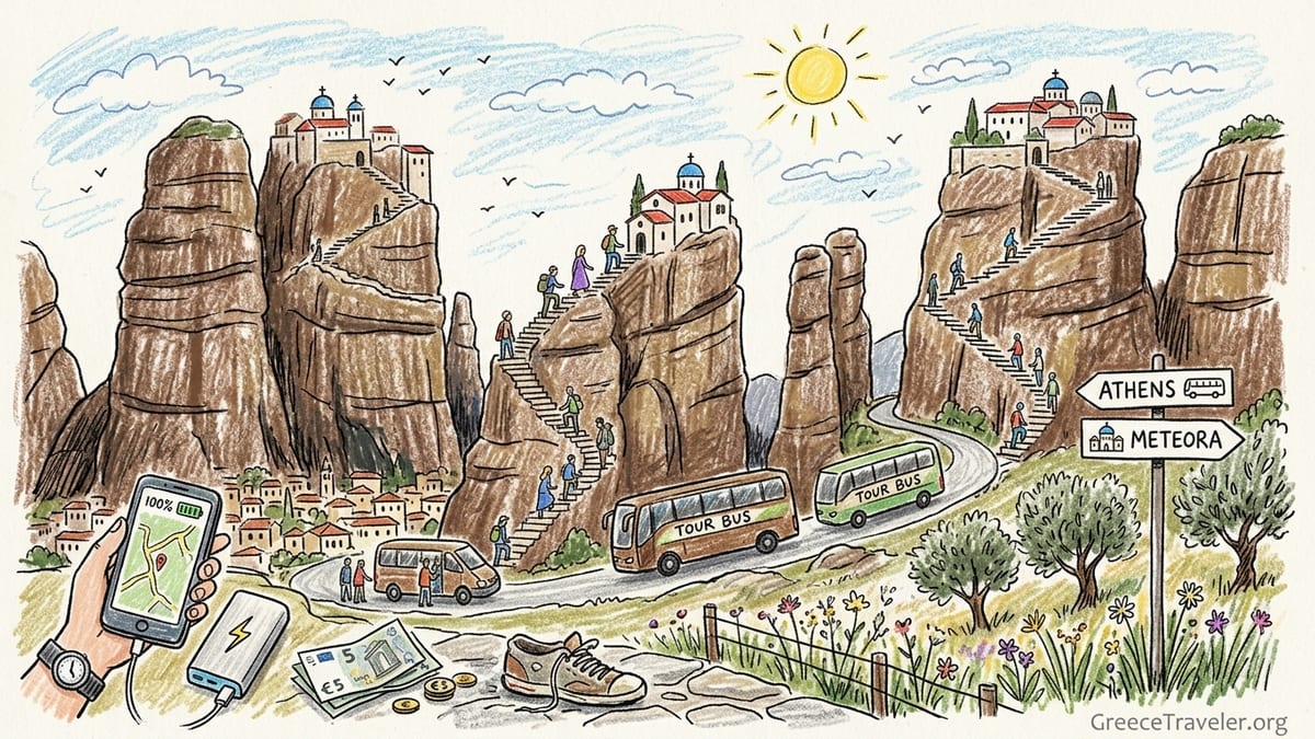 A tour coach at a Meteora viewpoint with monasteries perched on towering rock pillars above Kalambaka.