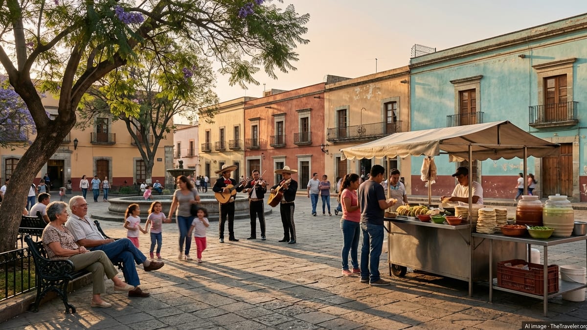 Everyday life in a Mexican city plaza with families, street food and colonial buildings at sunset.