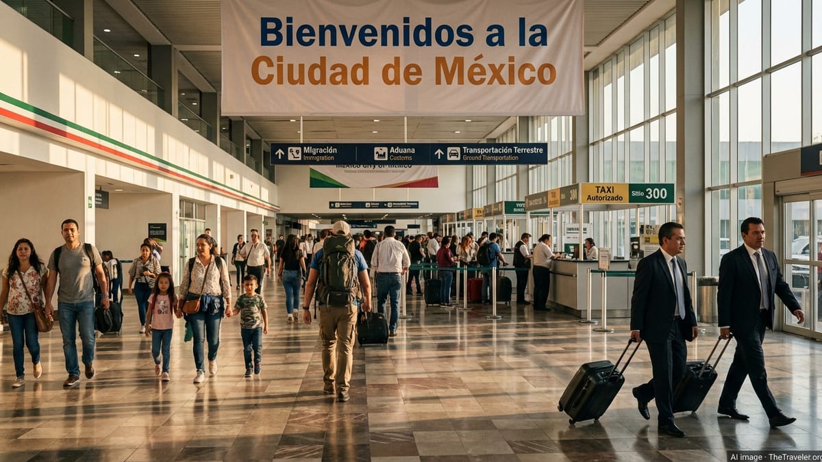 Busy arrivals hall at a major Mexican international airport with travelers and bilingual signs.
