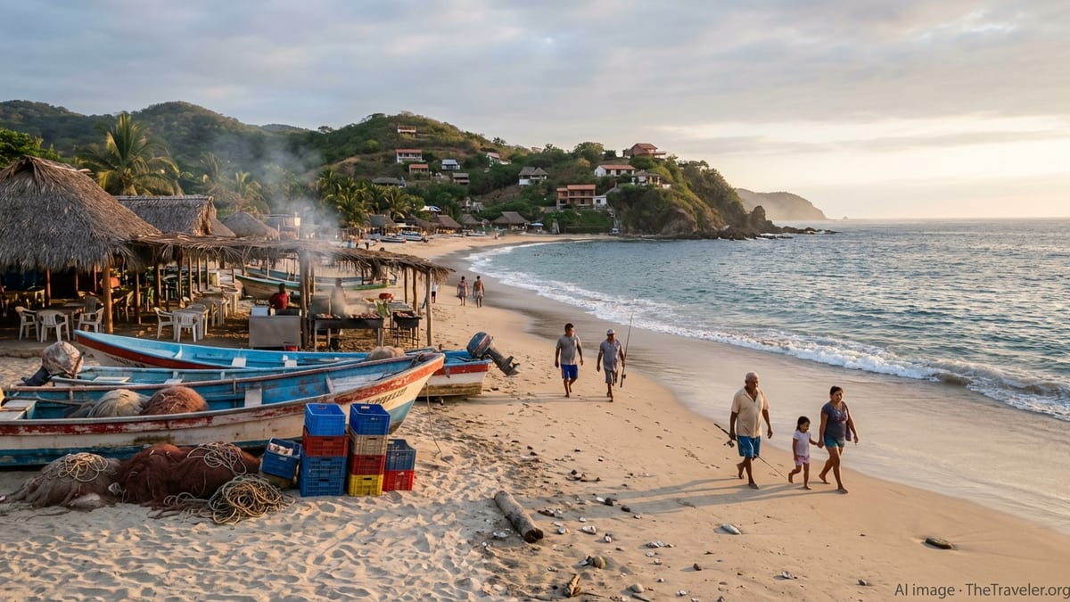 Curving Pacific beach in Oaxaca with fishing boats, palapa eateries, and green hills at golden hour.