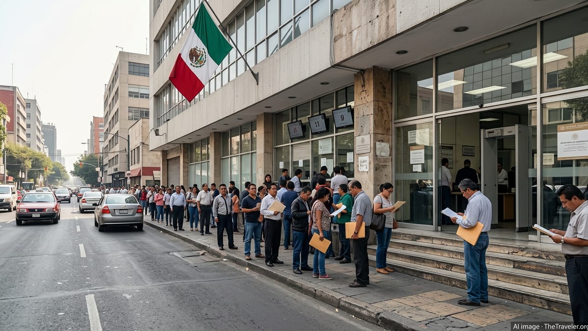 People queuing outside a government office building in Mexico City on a bright day