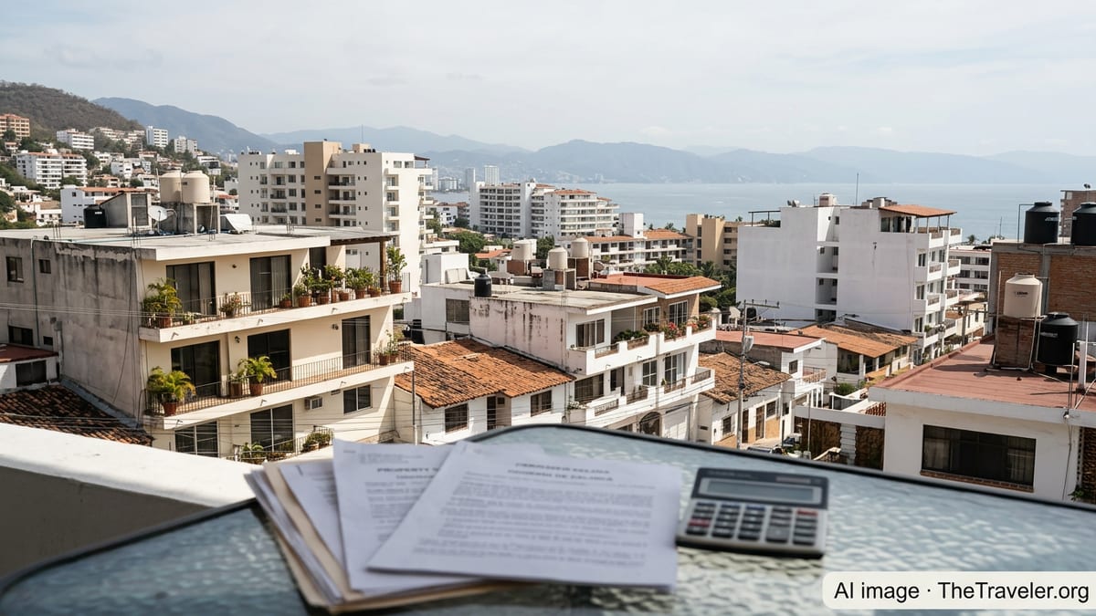 View over a Mexican coastal neighborhood from a balcony with property documents on a table.