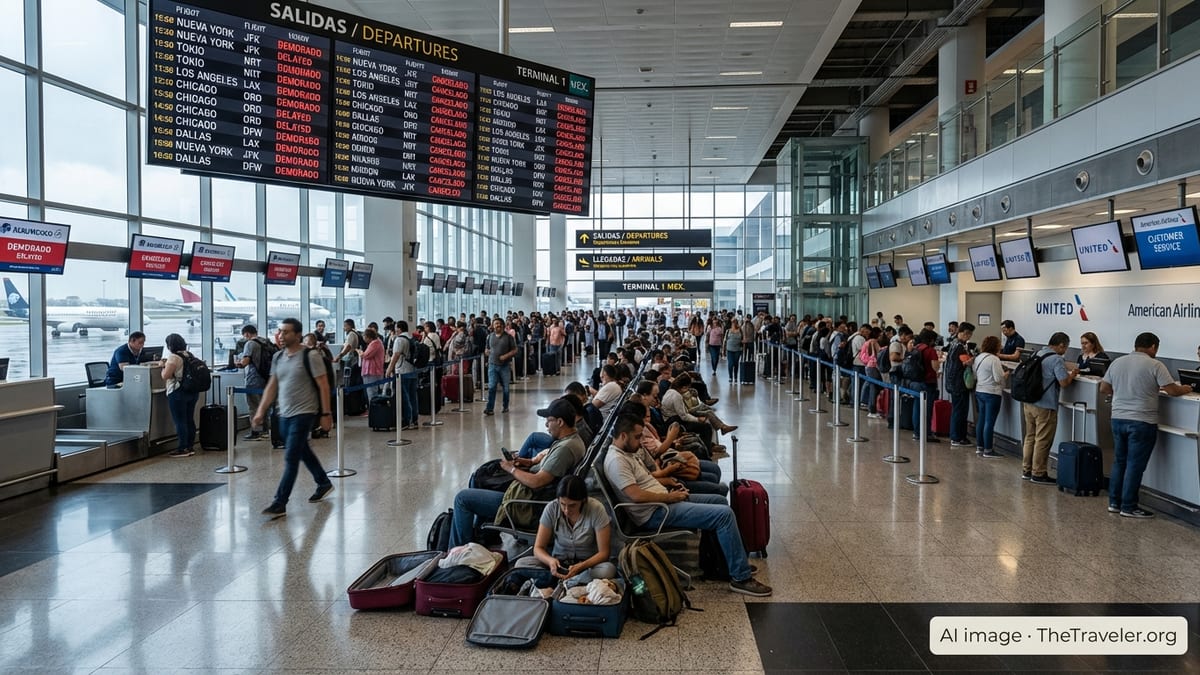 Crowded Mexico City airport concourse with passengers in long lines and delayed flights on departure boards.