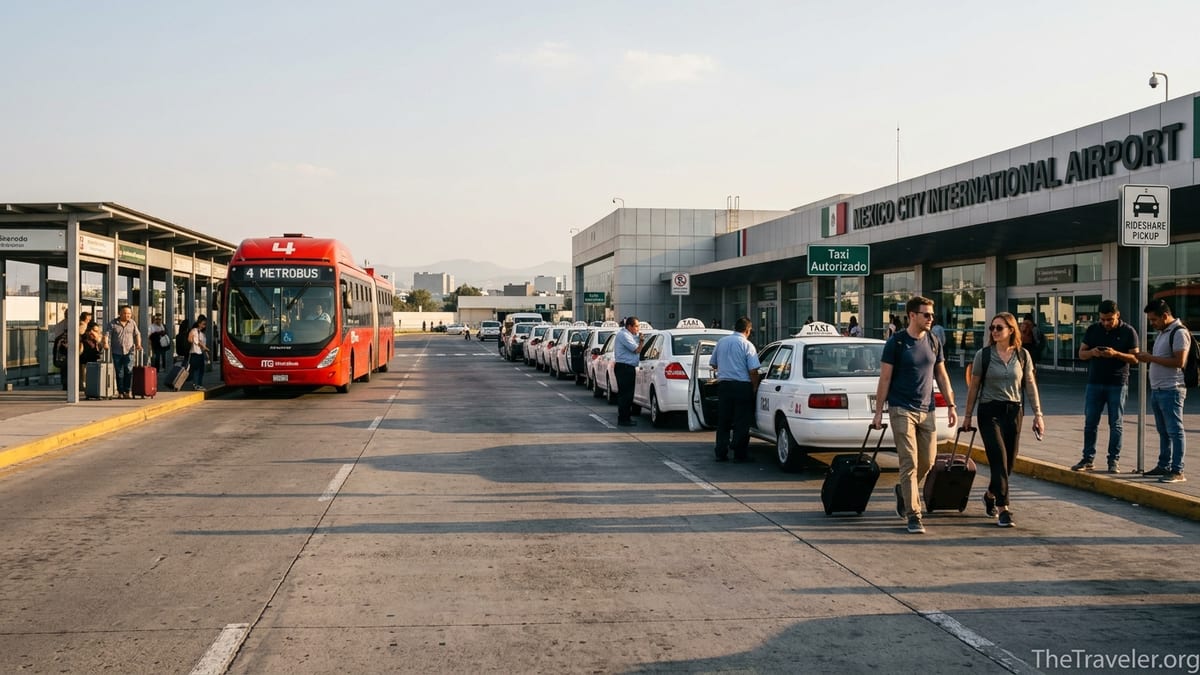 Travelers outside Mexico City airport choosing between authorized taxis and Metrobus.