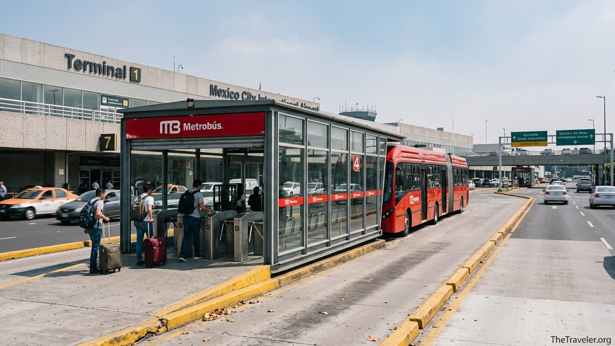 Travelers with suitcases boarding a red Metrobús Line 4 bus at Mexico City airport Terminal 1.