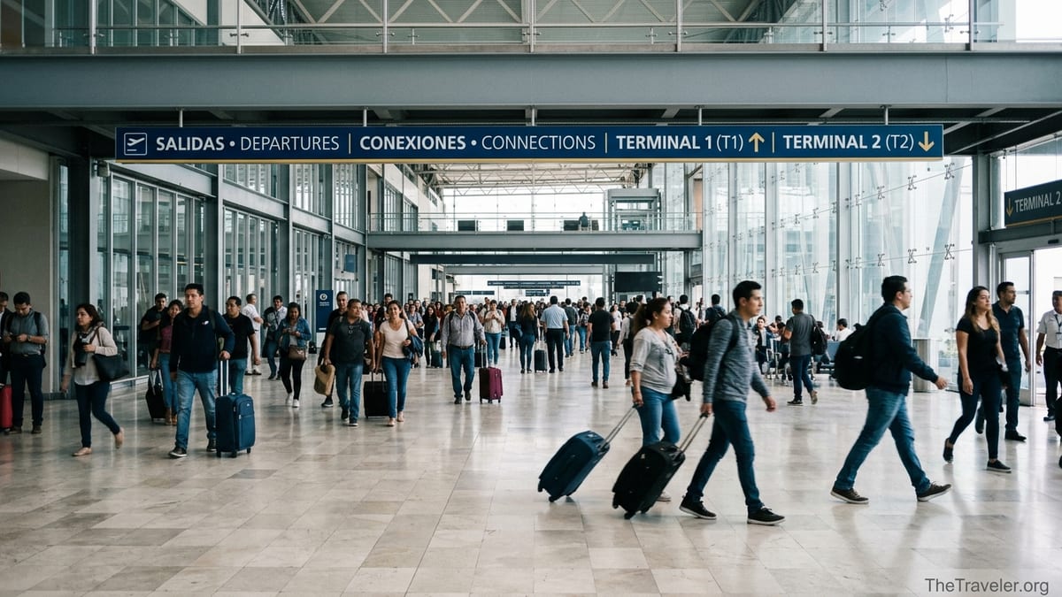 Travelers walking under bilingual signs for Terminals 1 and 2 at Mexico City Airport.
