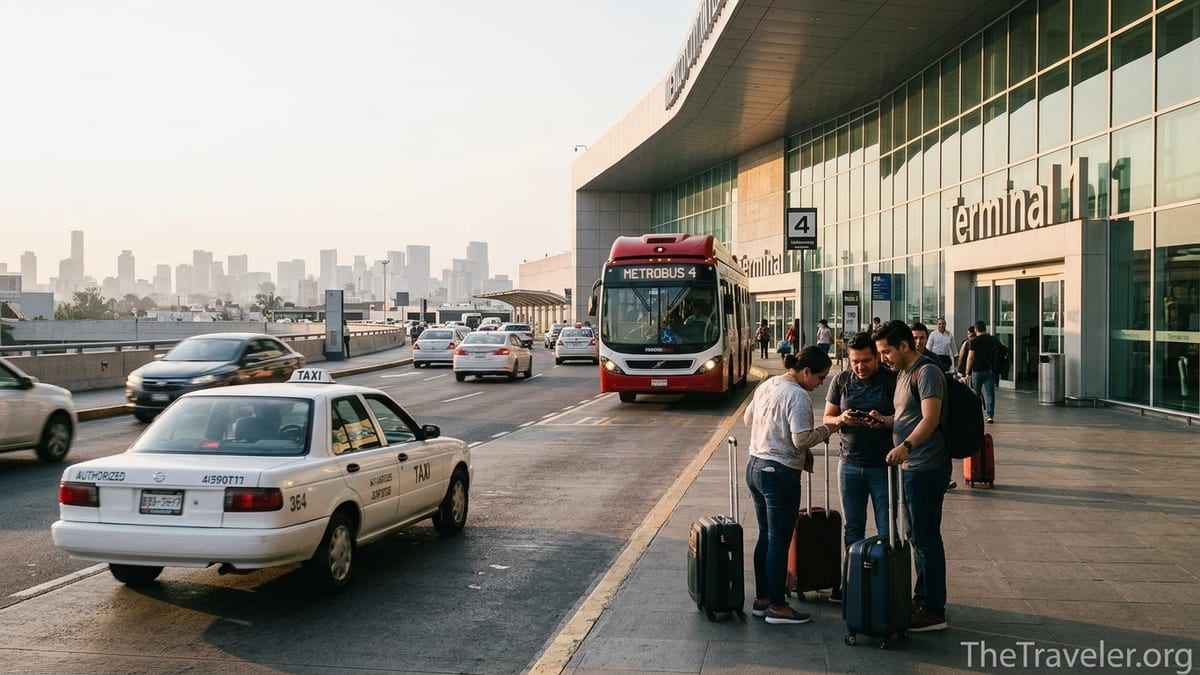 Travelers outside Mexico City Airport choosing between taxi and Metrobus at sunset.