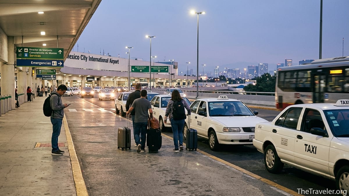 Travelers outside Mexico City Airport choosing between taxis and rideshare at dusk.