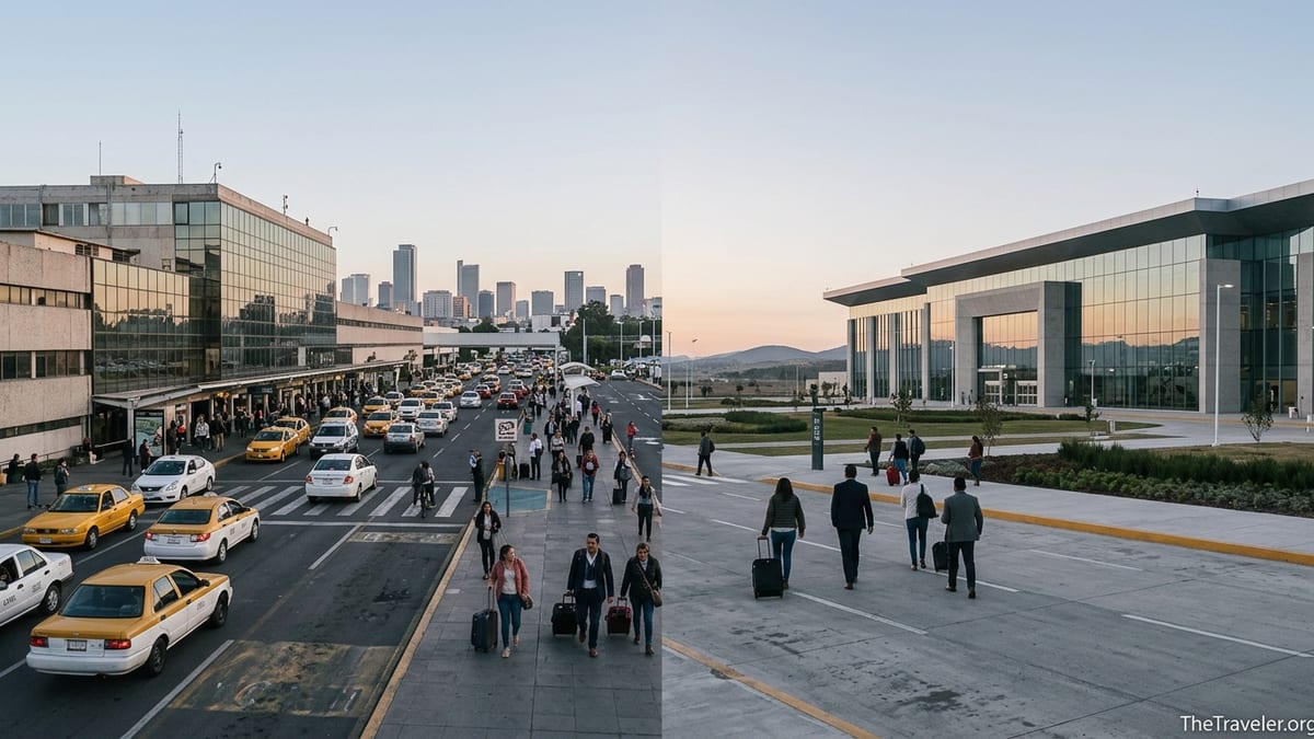View of Mexico City’s main airports with traffic at AICM and a modern terminal at AIFA at dawn.