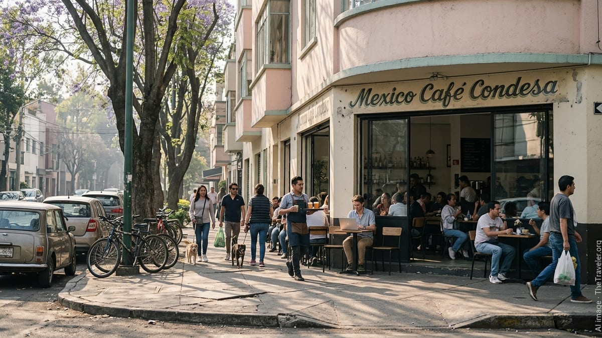 Late afternoon street scene in Mexico City’s Condesa with jacaranda trees and a neighborhood café.