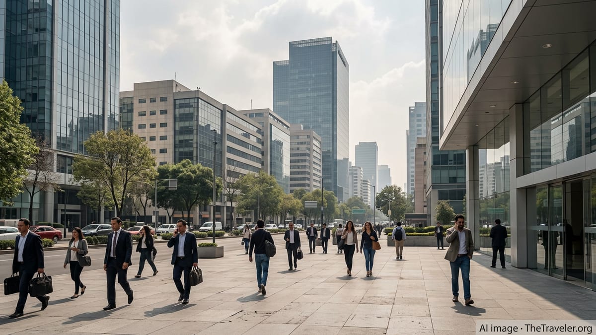 Business district in Mexico City with office towers and professionals walking near modern corporate buildings.