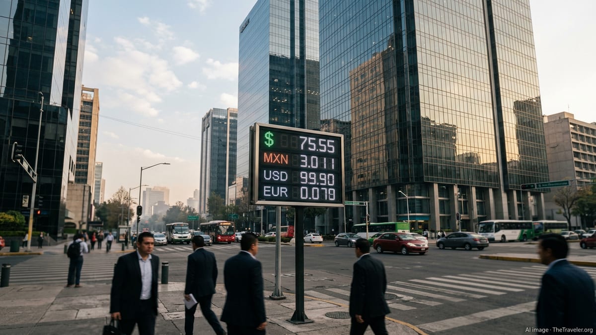 Currency exchange board showing Mexican peso rates in Mexico City financial district.