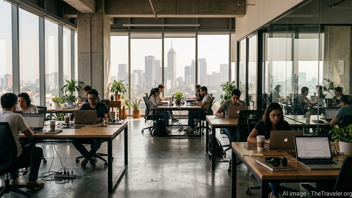 Remote workers using laptops in a modern Mexico City coworking space with skyline view.