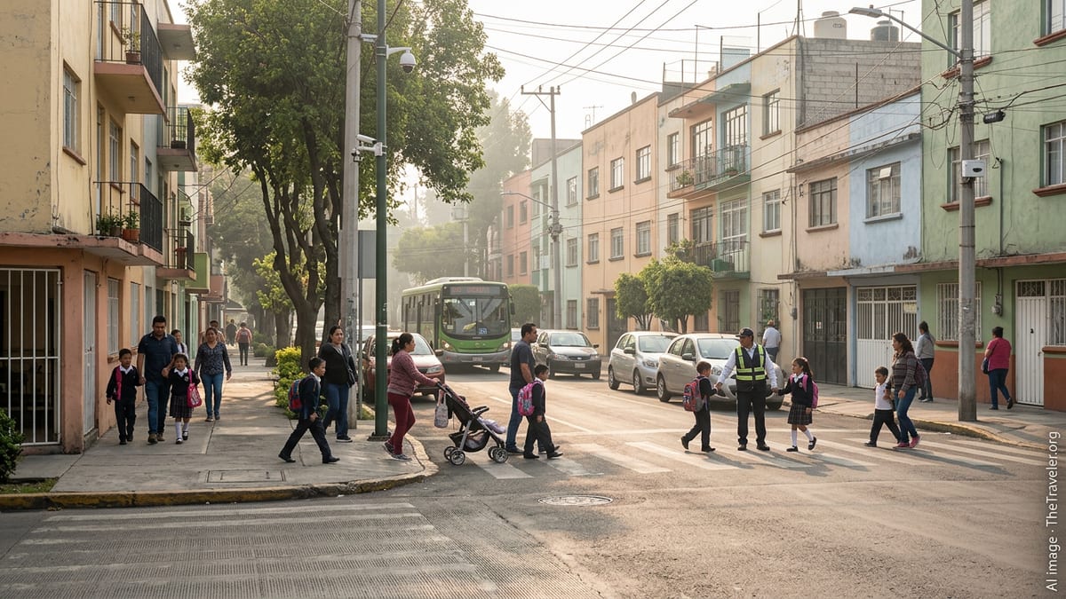 Parents walking children to school on a residential street in Mexico City at sunrise.