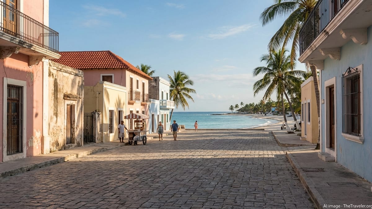 Early-morning Mexican coastal town plaza with colonial buildings and beach.