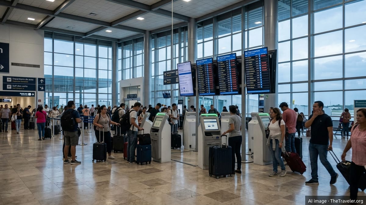 Crowded departure hall at Cancún airport with travelers and canceled flights on screens.
