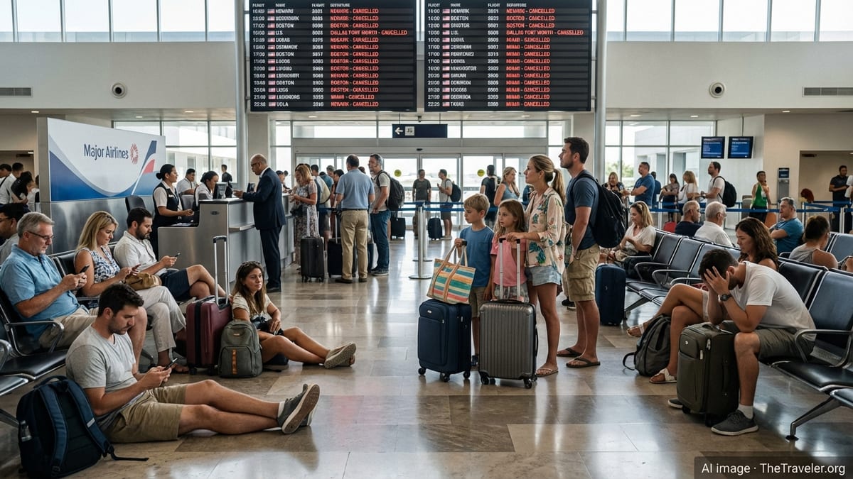 Stranded travelers wait in a crowded Mexican airport as multiple U.S. bound flights show cancelled on the departure board.