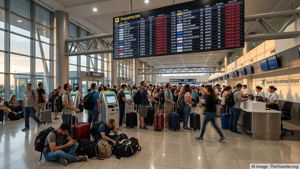 Crowded terminal at Cancún airport with many flights marked cancelled on the departure board.