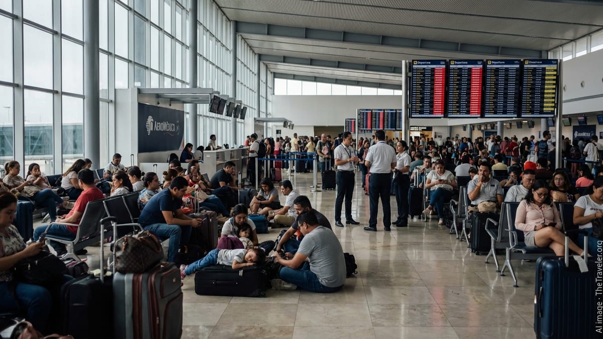 Crowded terminal at a Mexican airport with stranded travelers and departure boards showing cancellations.