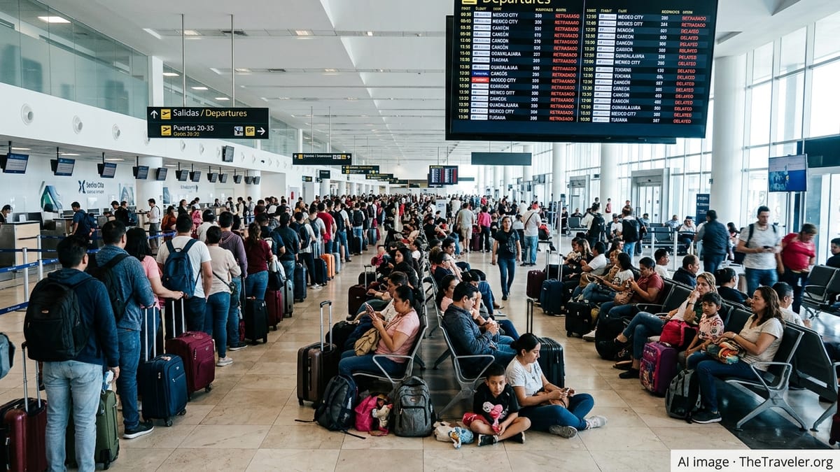 Crowded Mexico City airport departure hall with long lines and delayed flights on screens.