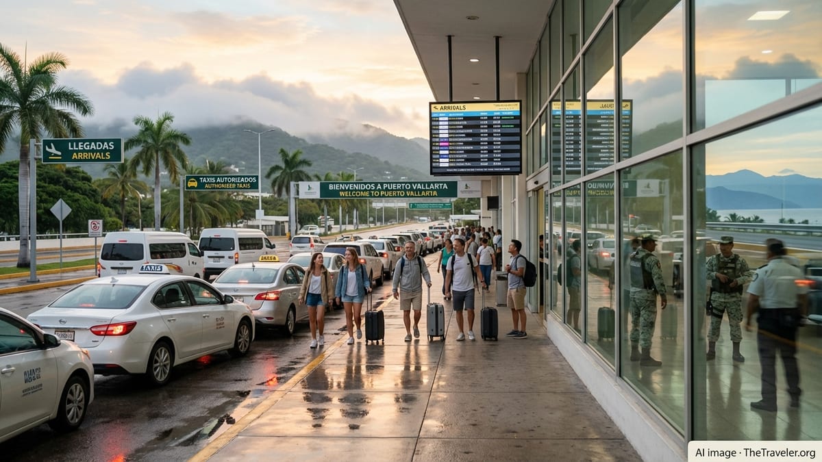 Travelers arrive at a secured Puerto Vallarta airport curb as flights resume.