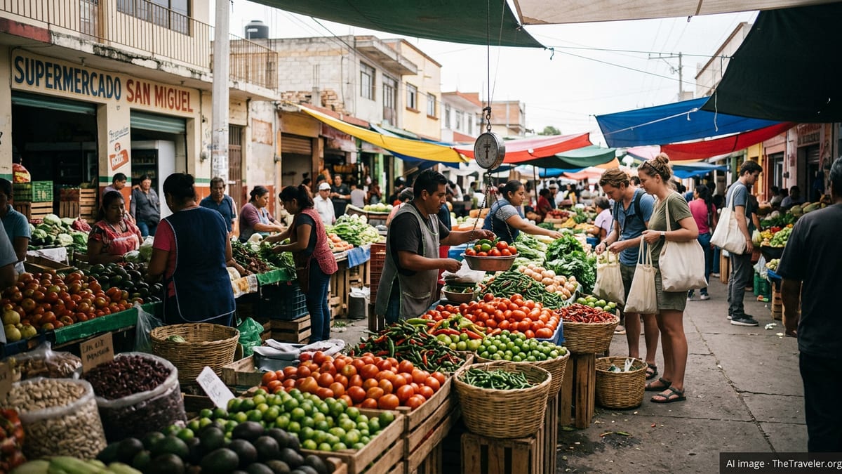 Open air food market in Mexico with produce stalls, vendors and shoppers