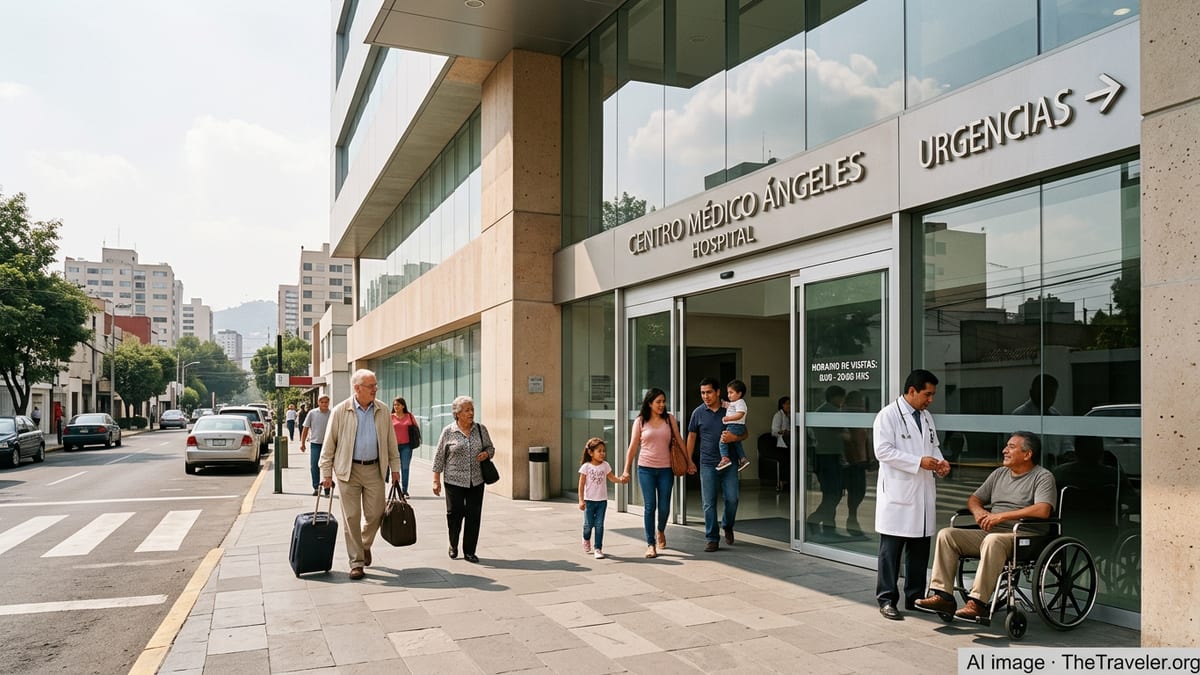 Expats and locals outside a modern hospital building in Mexico City