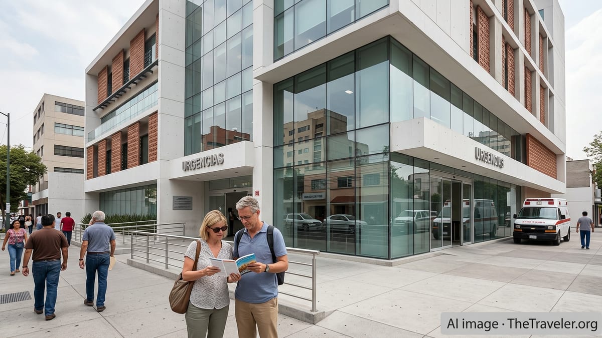 Modern hospital in Mexico City with people outside, illustrating expat healthcare options.