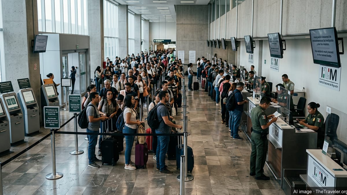 Immigration hall at Mexico City airport with officers checking foreign residents’ documents.