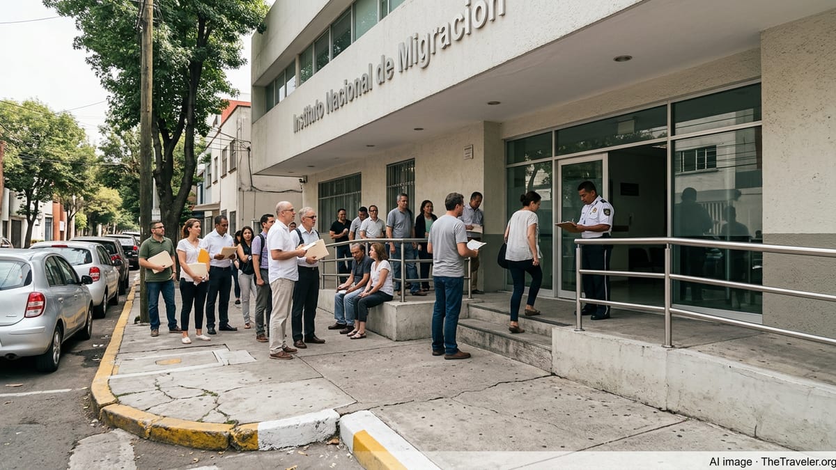 Expats waiting in line outside a Mexican immigration office in Mexico City