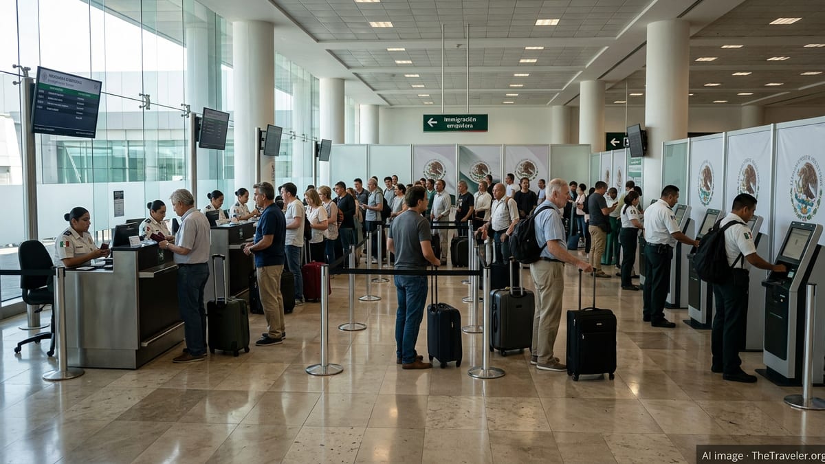 Foreign travelers queue at a Mexican airport immigration hall with officers checking documents.