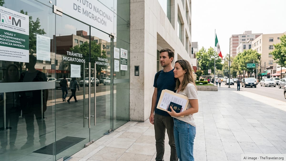 Expats waiting with documents outside a Mexican immigration office in Mexico City.