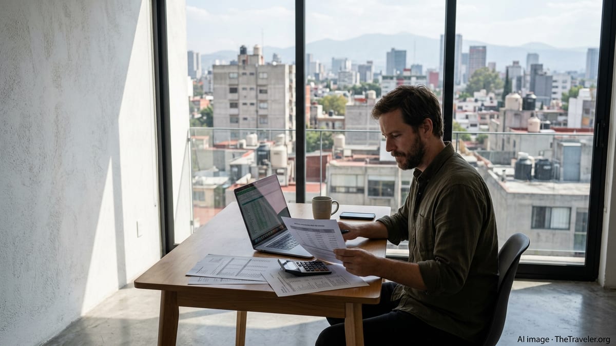 Remote worker in Mexico City apartment reviewing income tax documents at a laptop.