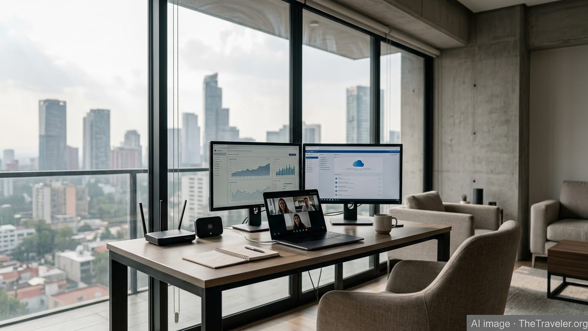 Remote worker’s apartment office in Mexico City with high-speed internet setup and city skyline view.