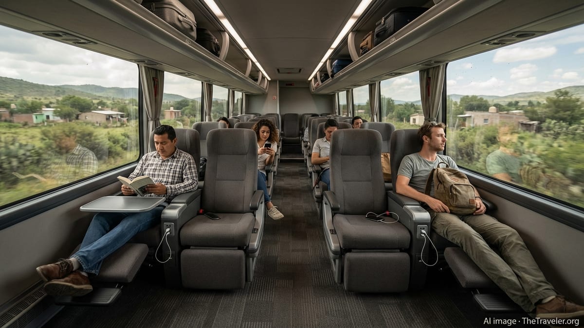 Interior of a modern Mexican long distance bus with spacious reclining seats and passengers.