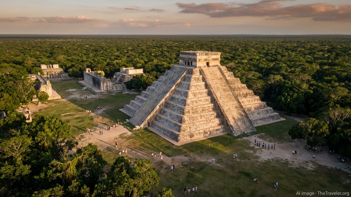 Aerial view of Chichén Itzá’s main pyramid surrounded by green jungle at golden hour
