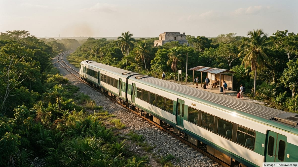 Modern Tren Maya passenger train passing through lush jungle landscape in southeastern Mexico.