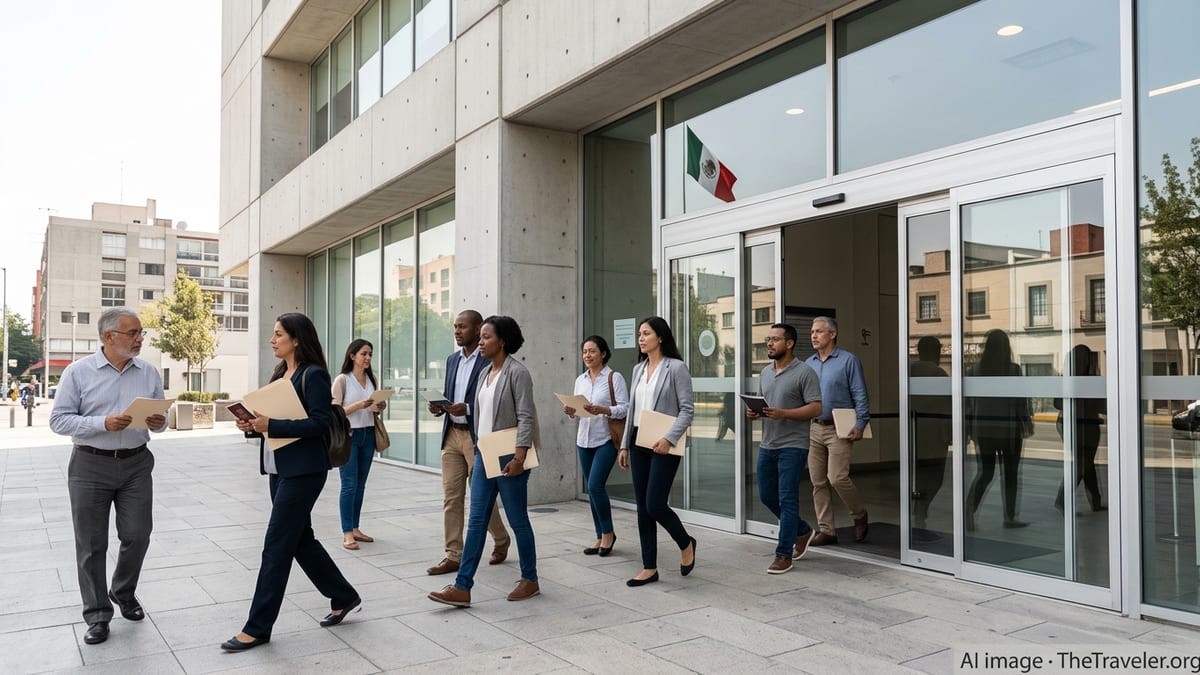 Foreign applicants walking toward a modern Mexican immigration office on a sunny day