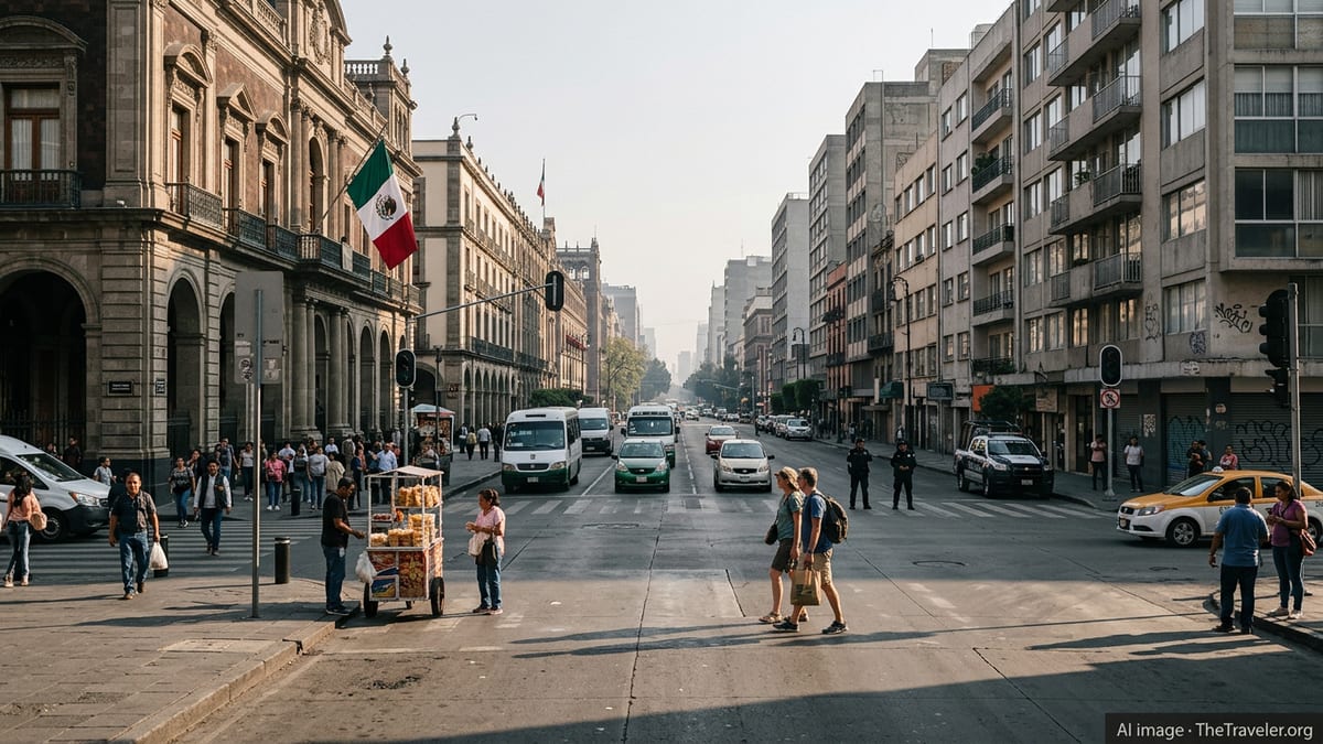 Busy central Mexico City street near government buildings under soft afternoon light.