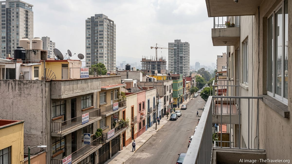 View over mixed old and new apartment buildings in Mexico City highlighting dense housing market.