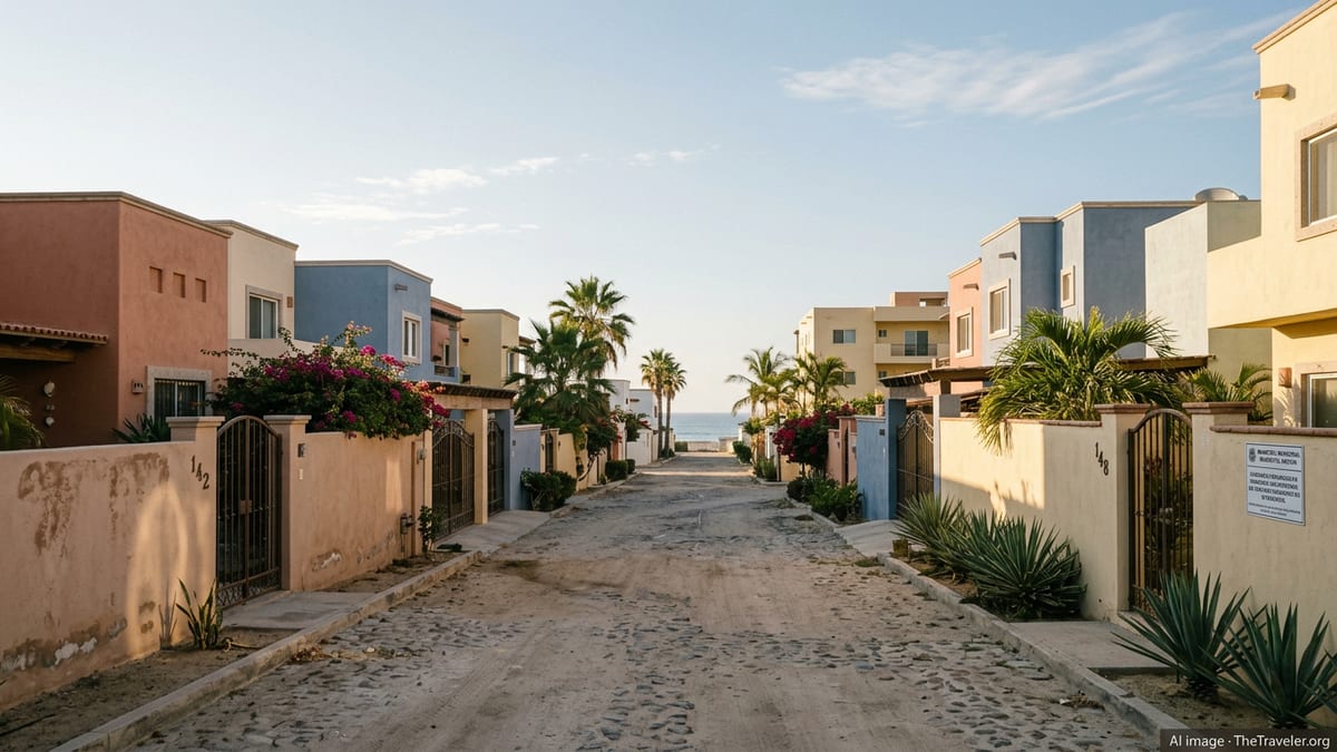 Residential street in a Mexican coastal town with houses and condos at sunset.