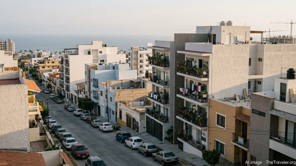 Modern condos and older homes in a Mexican coastal neighborhood at sunset.