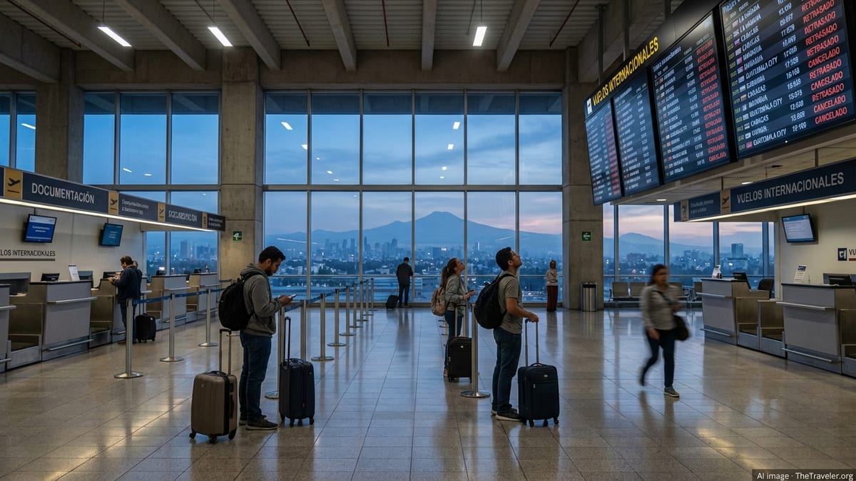 Travelers check disrupted flights at a Mexico City airport departure hall at dusk.