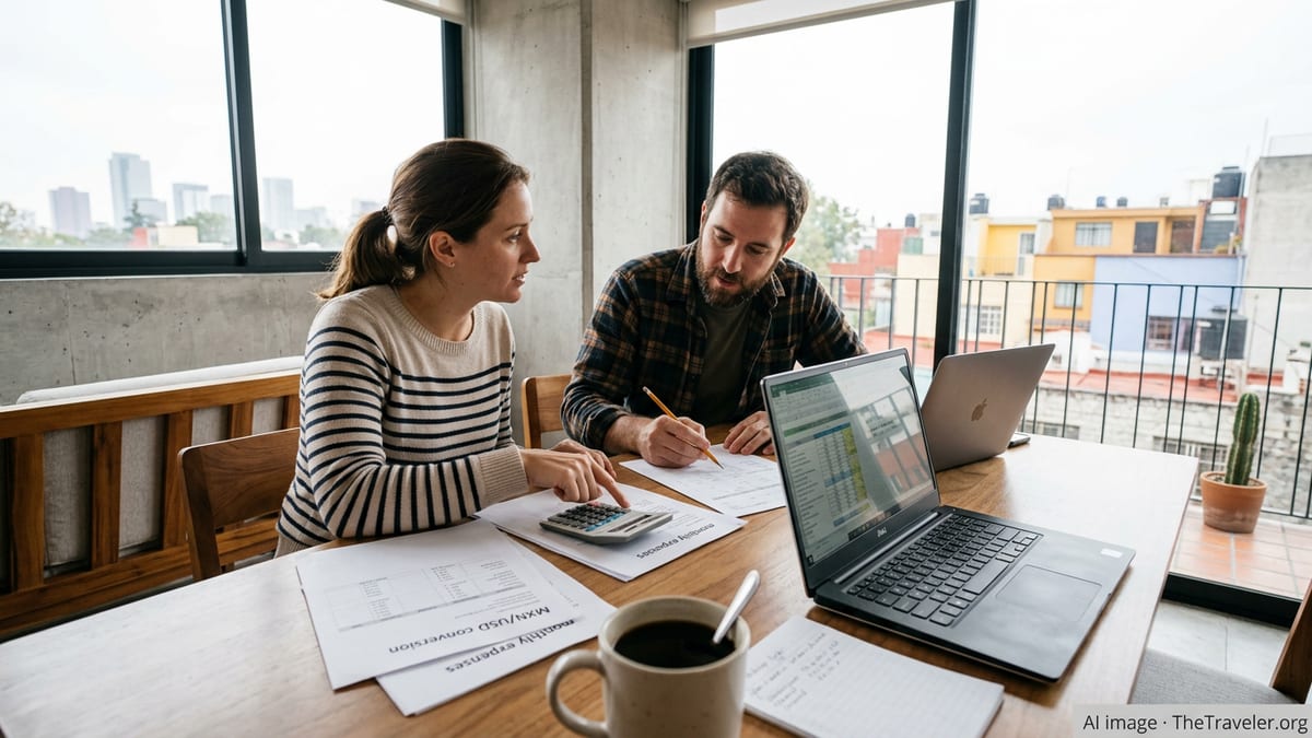 Expat couple in a Mexico City apartment reviewing a relocation budget on laptops and papers.